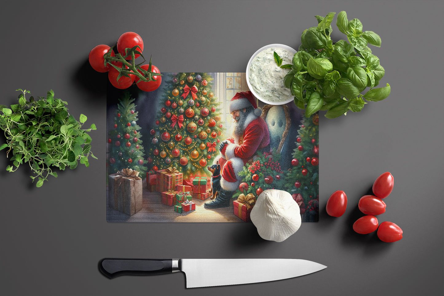 Miniature Pinscher and Santa Claus Glass Cutting Board