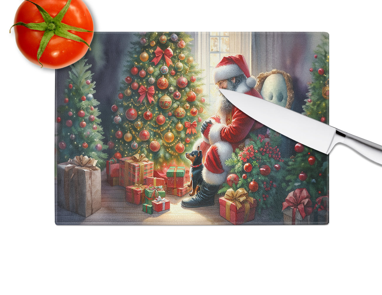 Miniature Pinscher and Santa Claus Glass Cutting Board