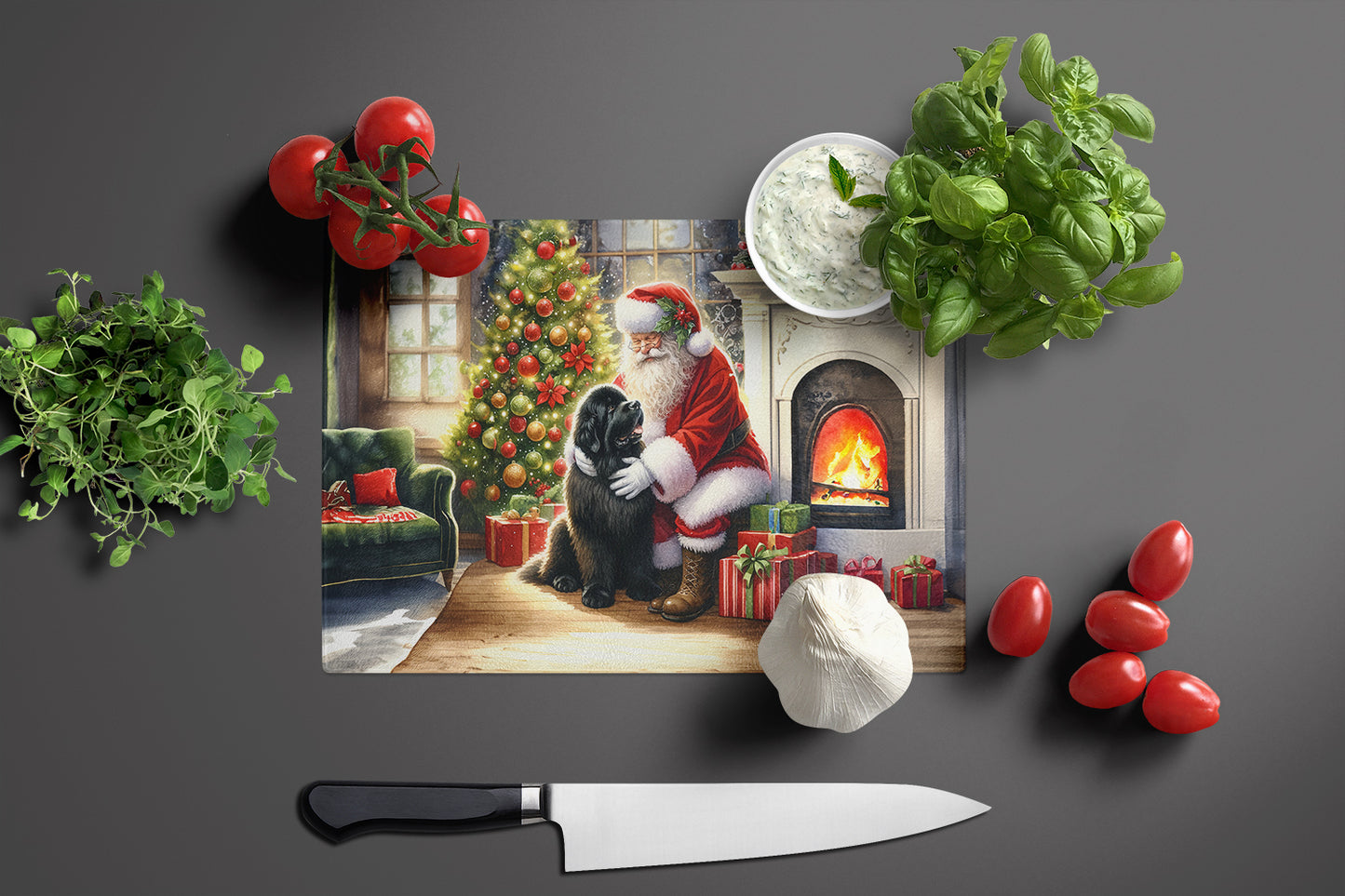 Newfoundland and Santa Claus Glass Cutting Board