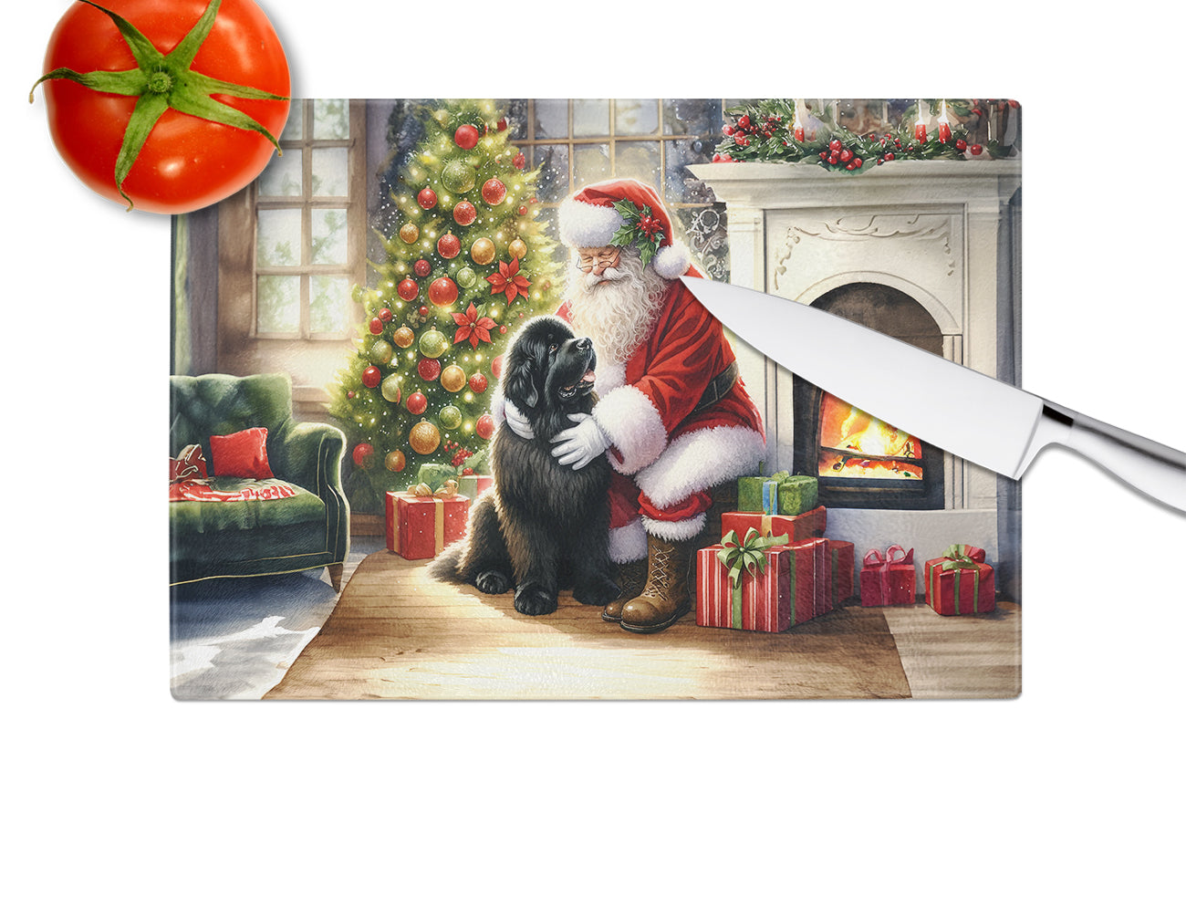 Newfoundland and Santa Claus Glass Cutting Board