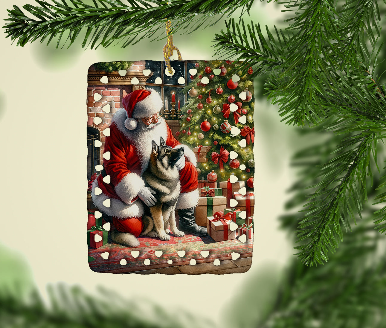 Norwegian Elkhound and Santa Claus Porcelain Ornament