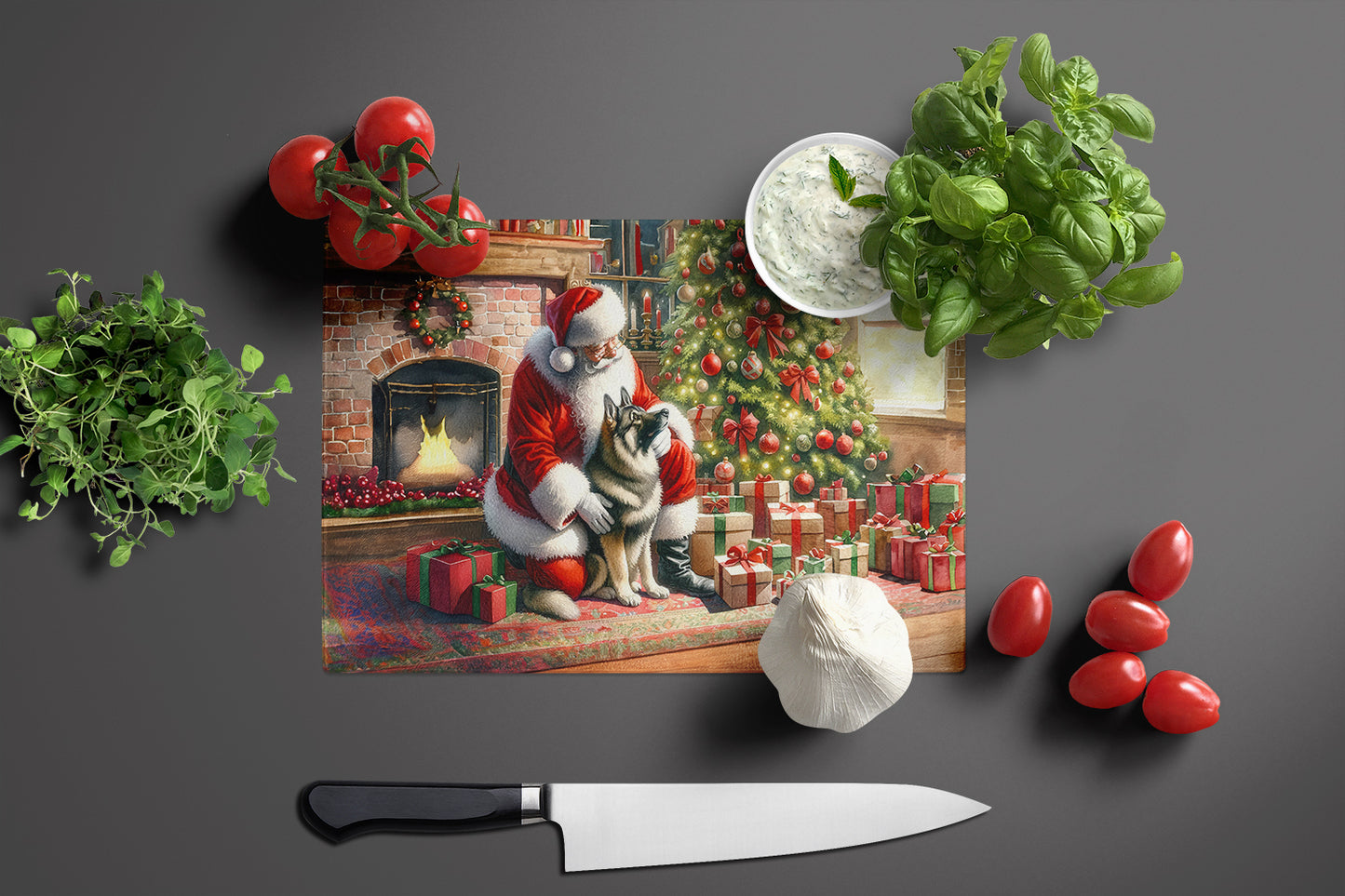 Norwegian Elkhound and Santa Claus Glass Cutting Board