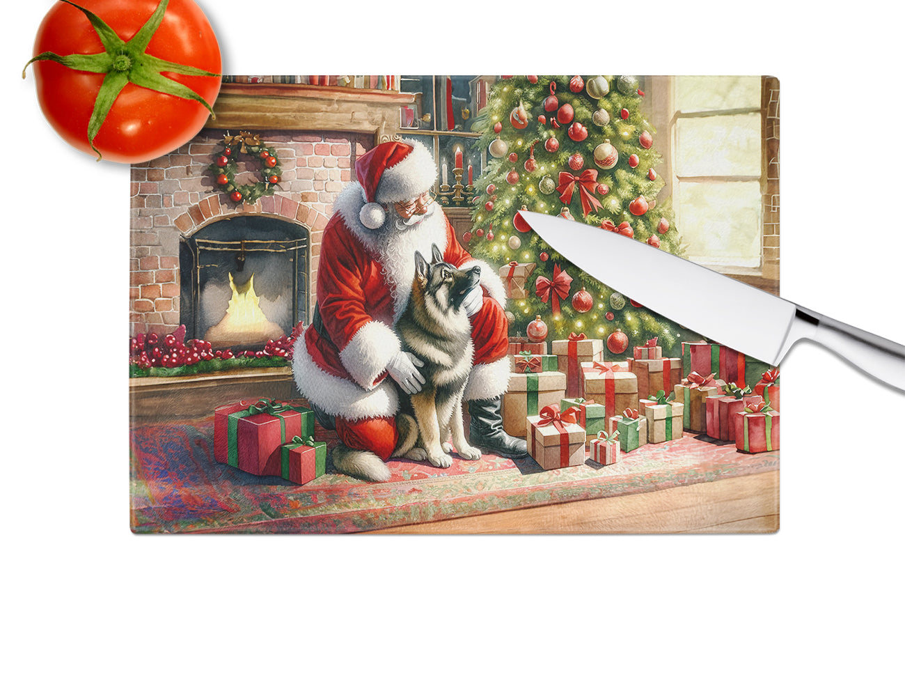 Norwegian Elkhound and Santa Claus Glass Cutting Board