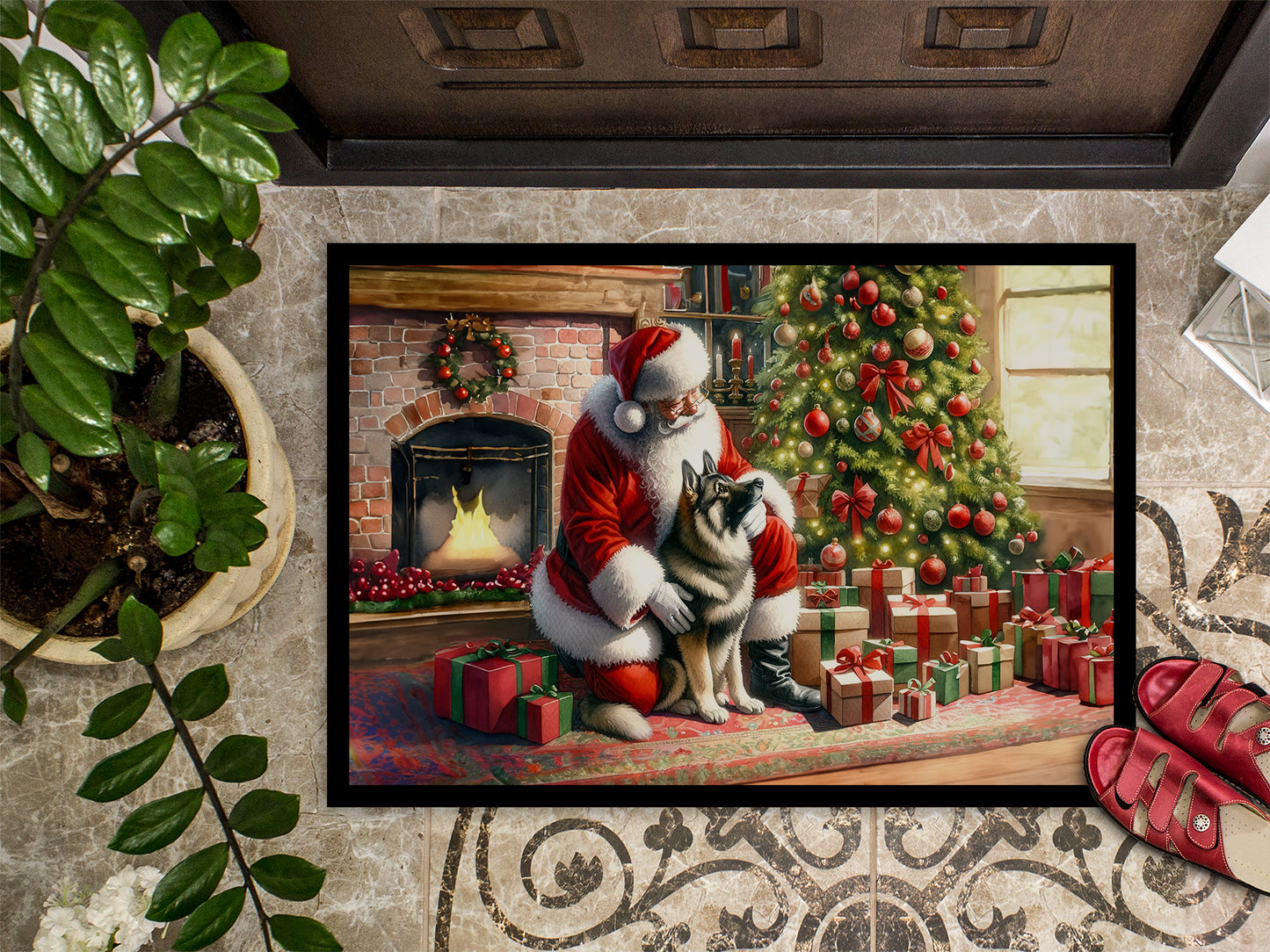 Norwegian Elkhound and Santa Claus Doormat