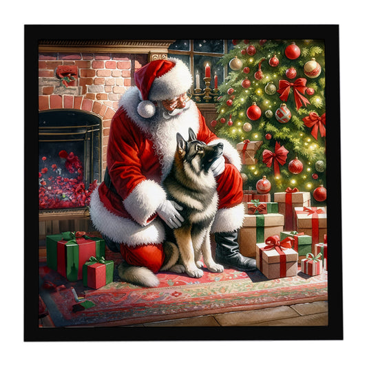 Buy this Norwegian Elkhound and Santa Claus Framed Metal Print
