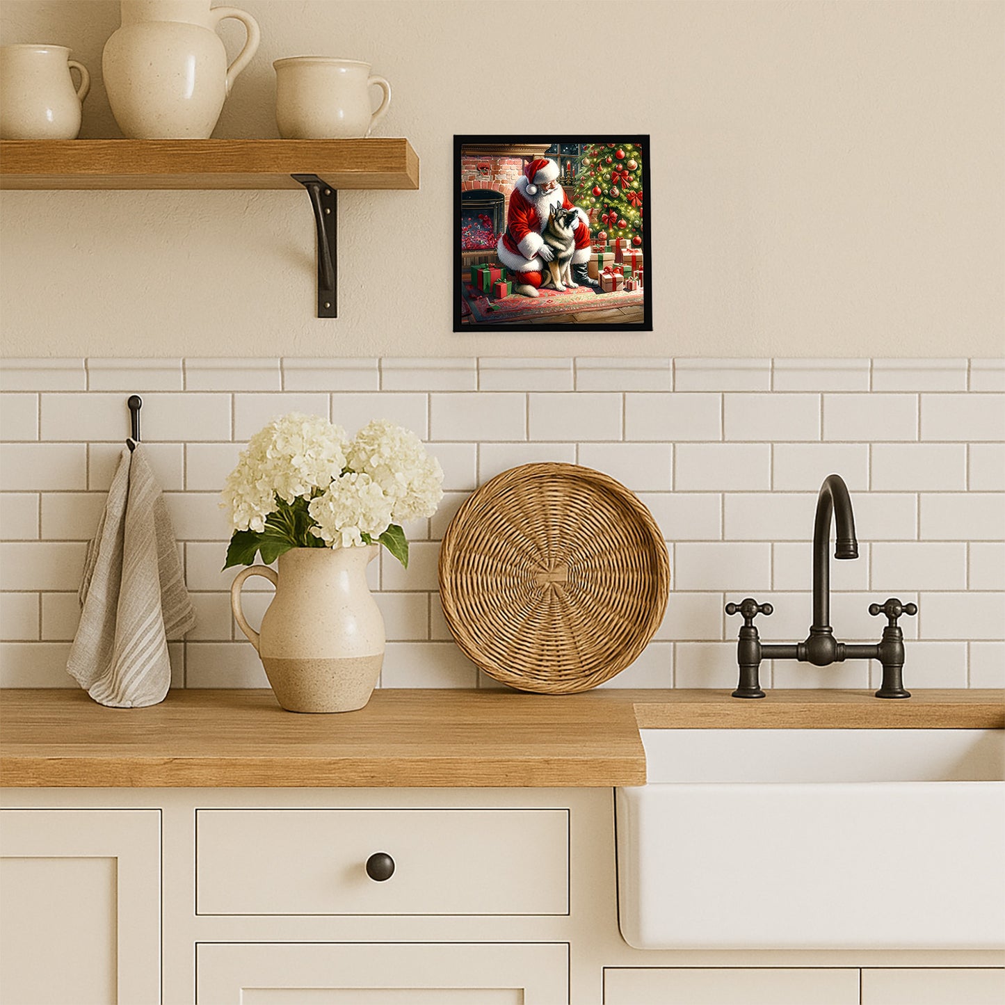 Norwegian Elkhound and Santa Claus Framed Metal Print