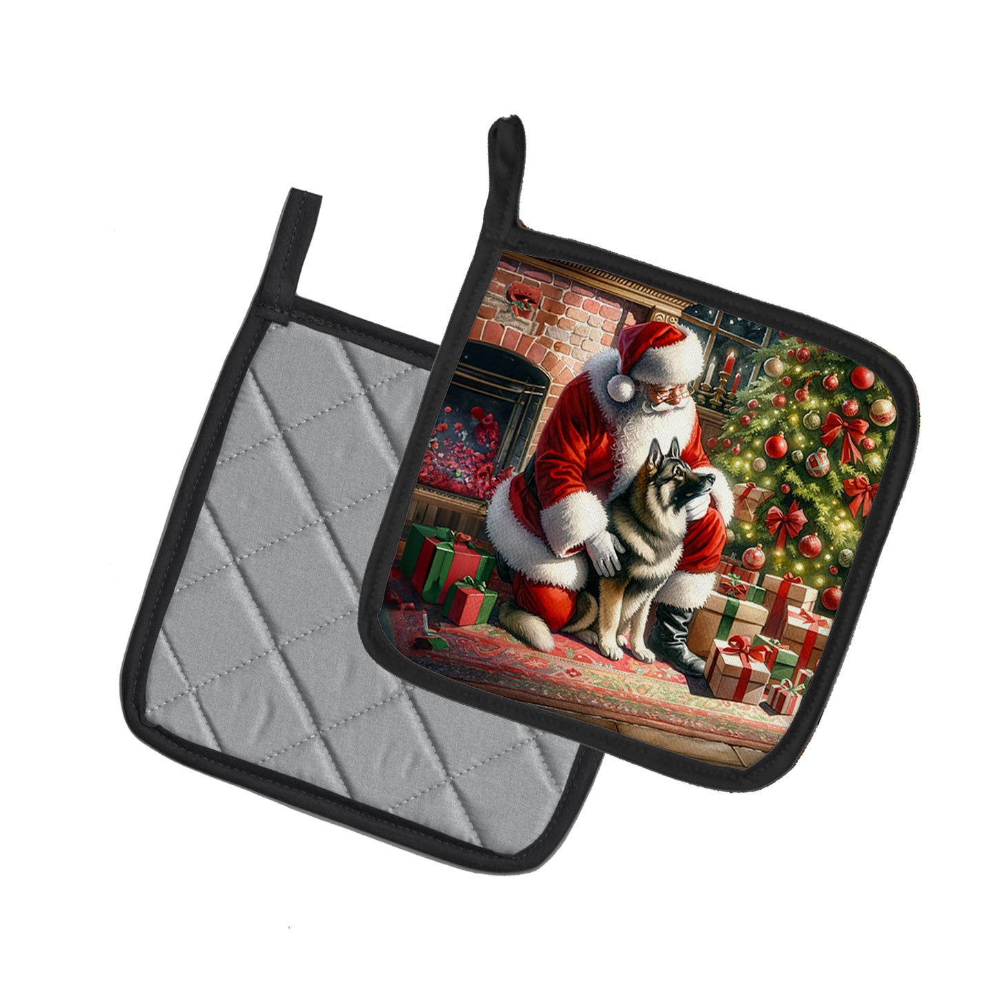 Norwegian Elkhound and Santa Claus Pair of Pot Holders