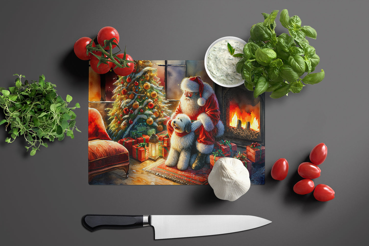 Old English Sheepdog and Santa Claus Glass Cutting Board