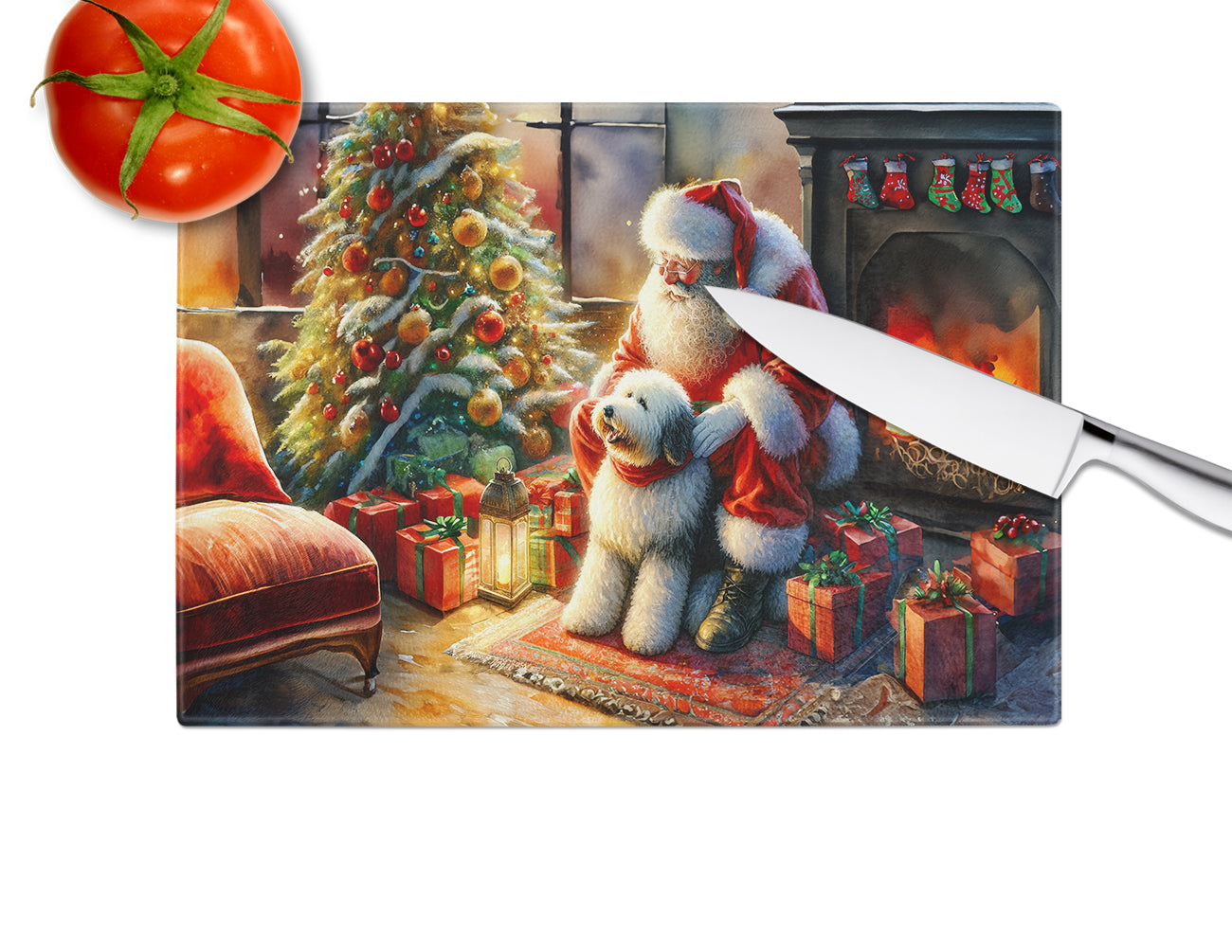 Old English Sheepdog and Santa Claus Glass Cutting Board