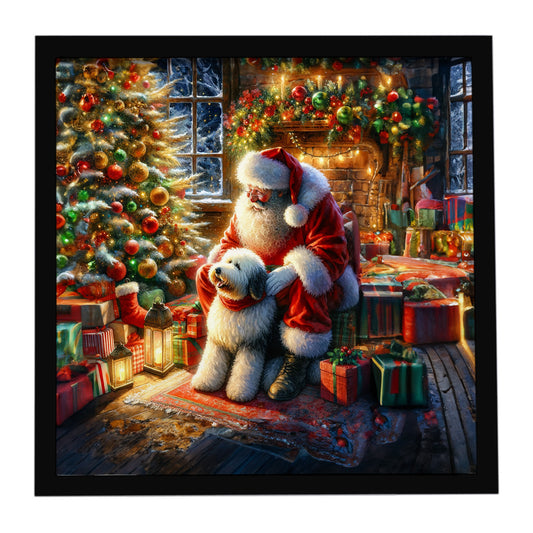 Buy this Old English Sheepdog and Santa Claus Framed Metal Print