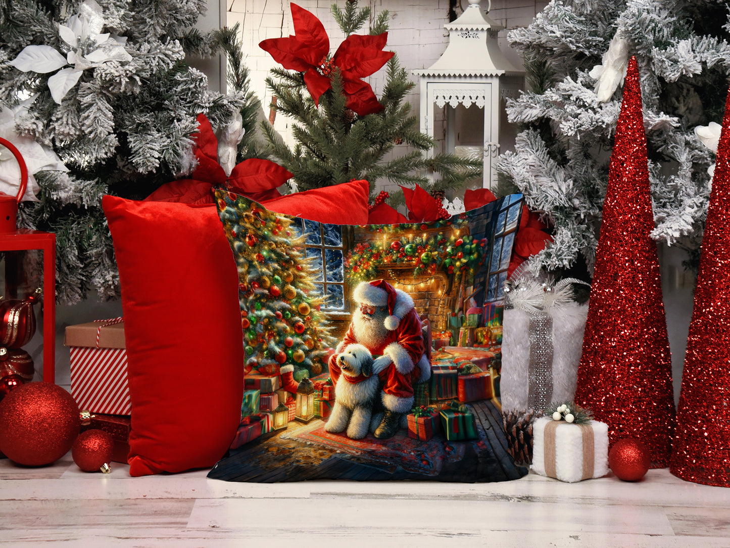 Old English Sheepdog and Santa Claus Throw Pillow