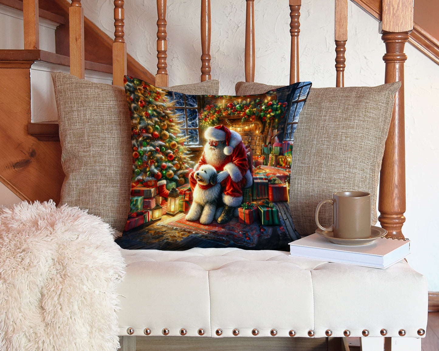 Old English Sheepdog and Santa Claus Throw Pillow