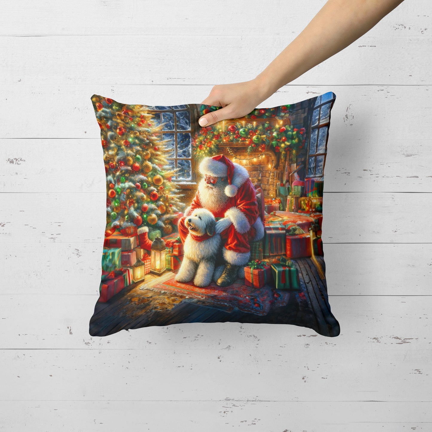 Old English Sheepdog and Santa Claus Throw Pillow