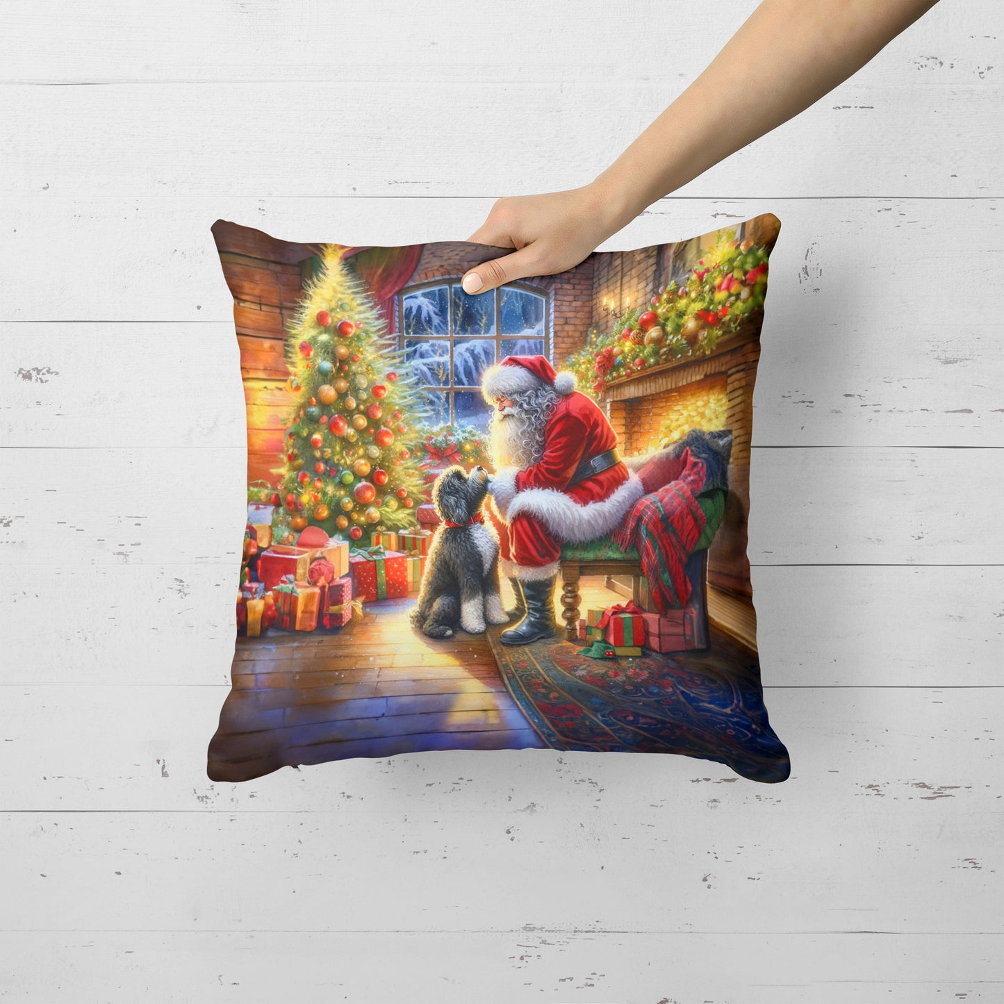 Portuguese Water Dog and Santa Claus Throw Pillow