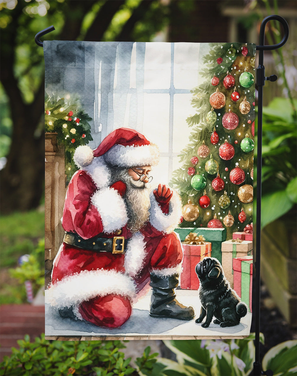 Black Pug and Santa Claus Garden Flag