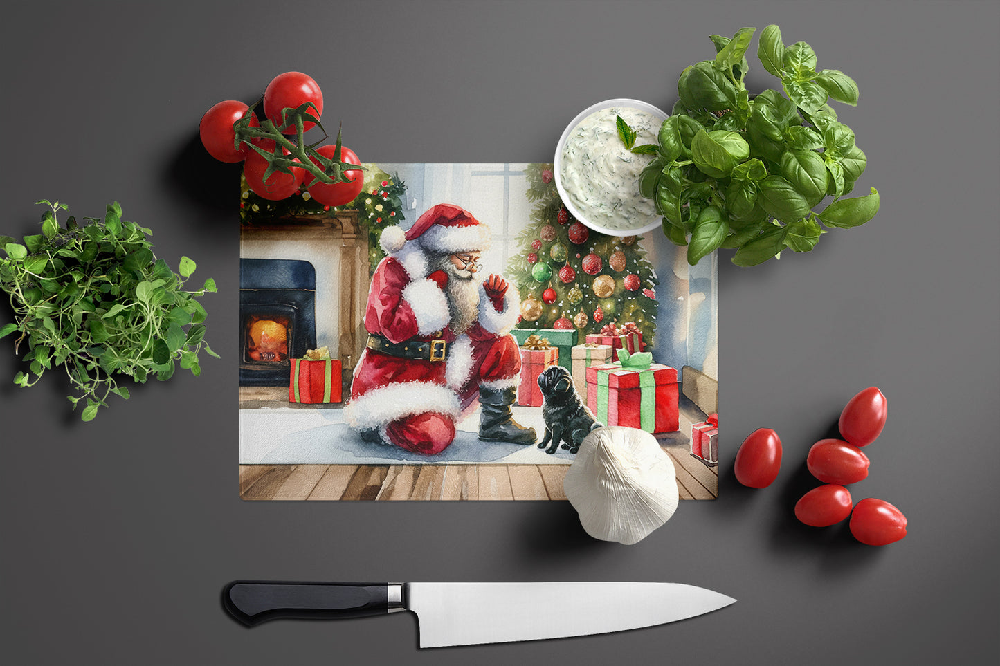 Black Pug and Santa Claus Glass Cutting Board