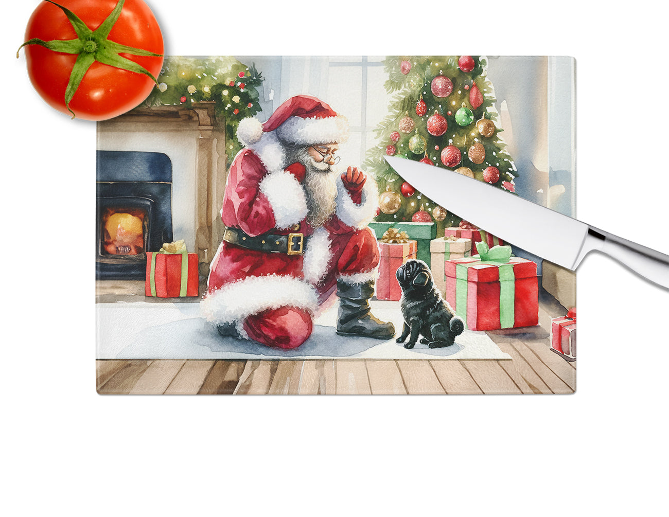 Black Pug and Santa Claus Glass Cutting Board