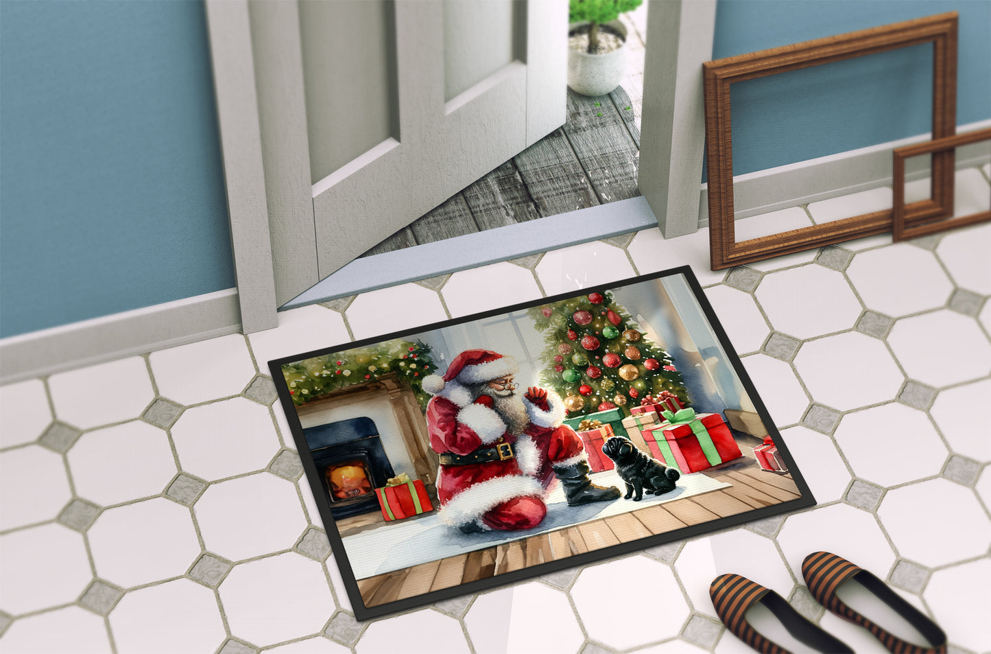 Black Pug and Santa Claus Doormat