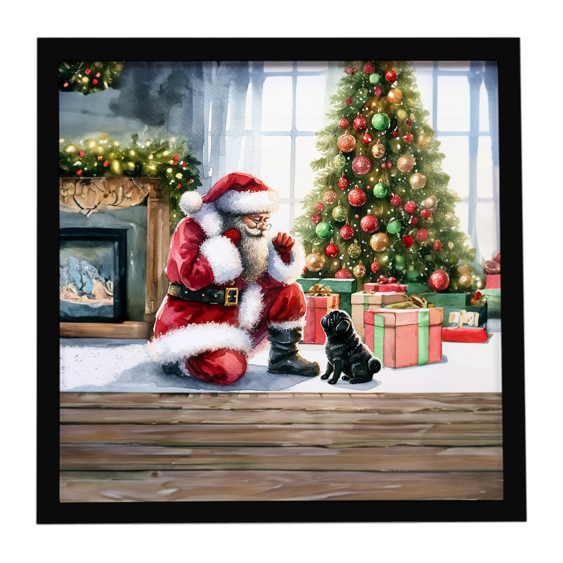 Buy this Black Pug and Santa Claus Framed Metal Print