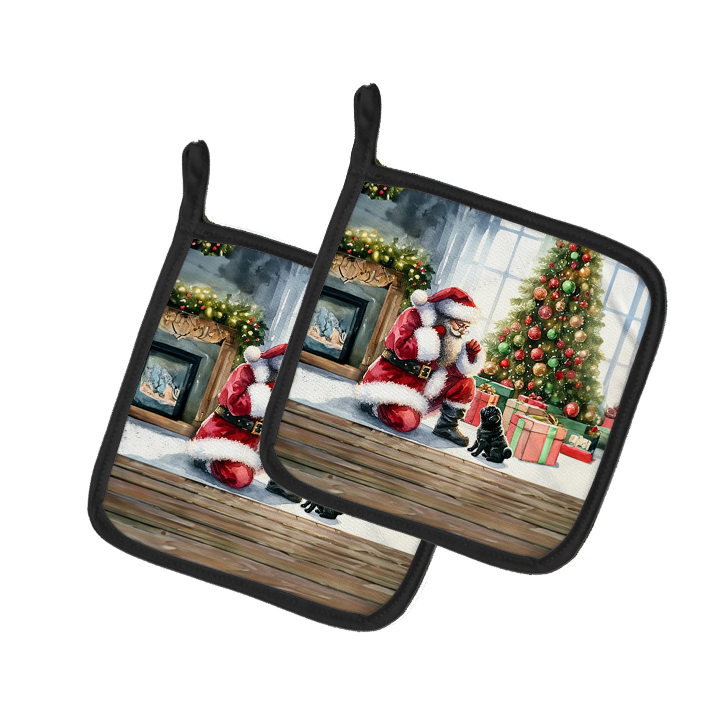 Buy this Black Pug and Santa Claus Pair of Pot Holders