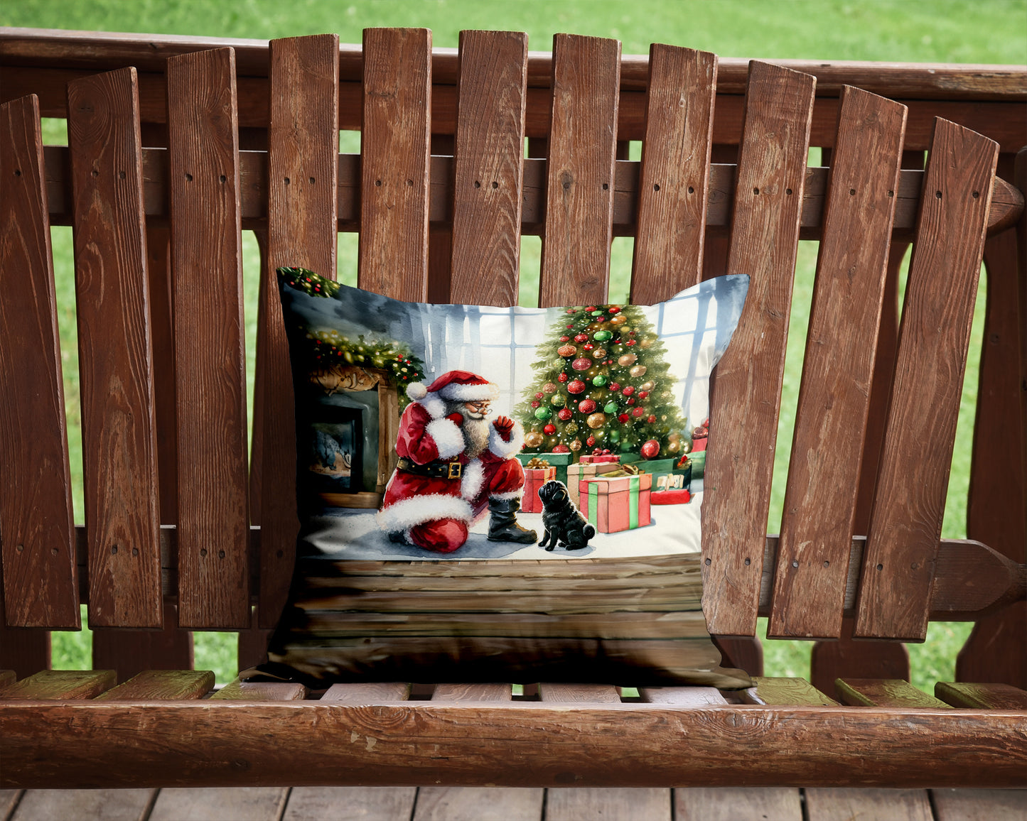 Black Pug and Santa Claus Throw Pillow