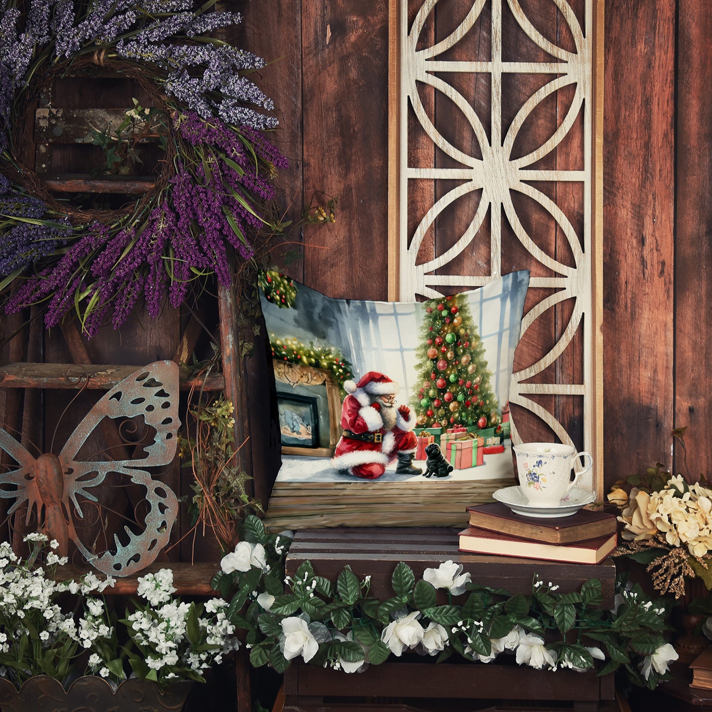 Black Pug and Santa Claus Throw Pillow