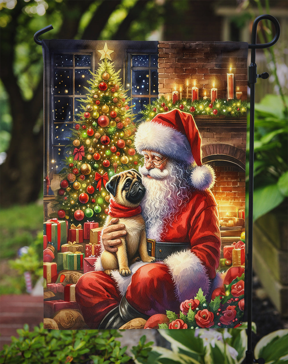 Fawn Pug and Santa Claus Garden Flag