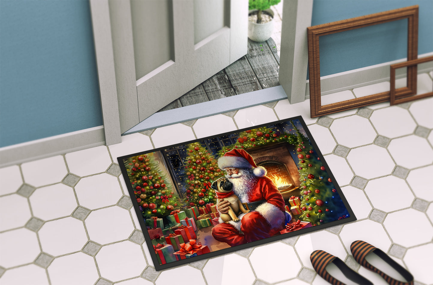 Fawn Pug and Santa Claus Doormat