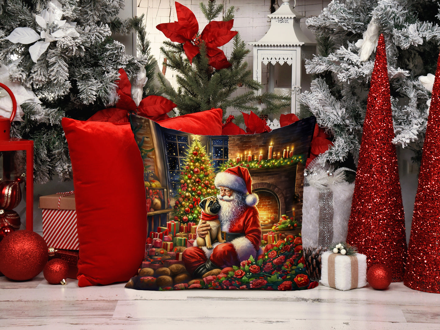 Fawn Pug and Santa Claus Throw Pillow