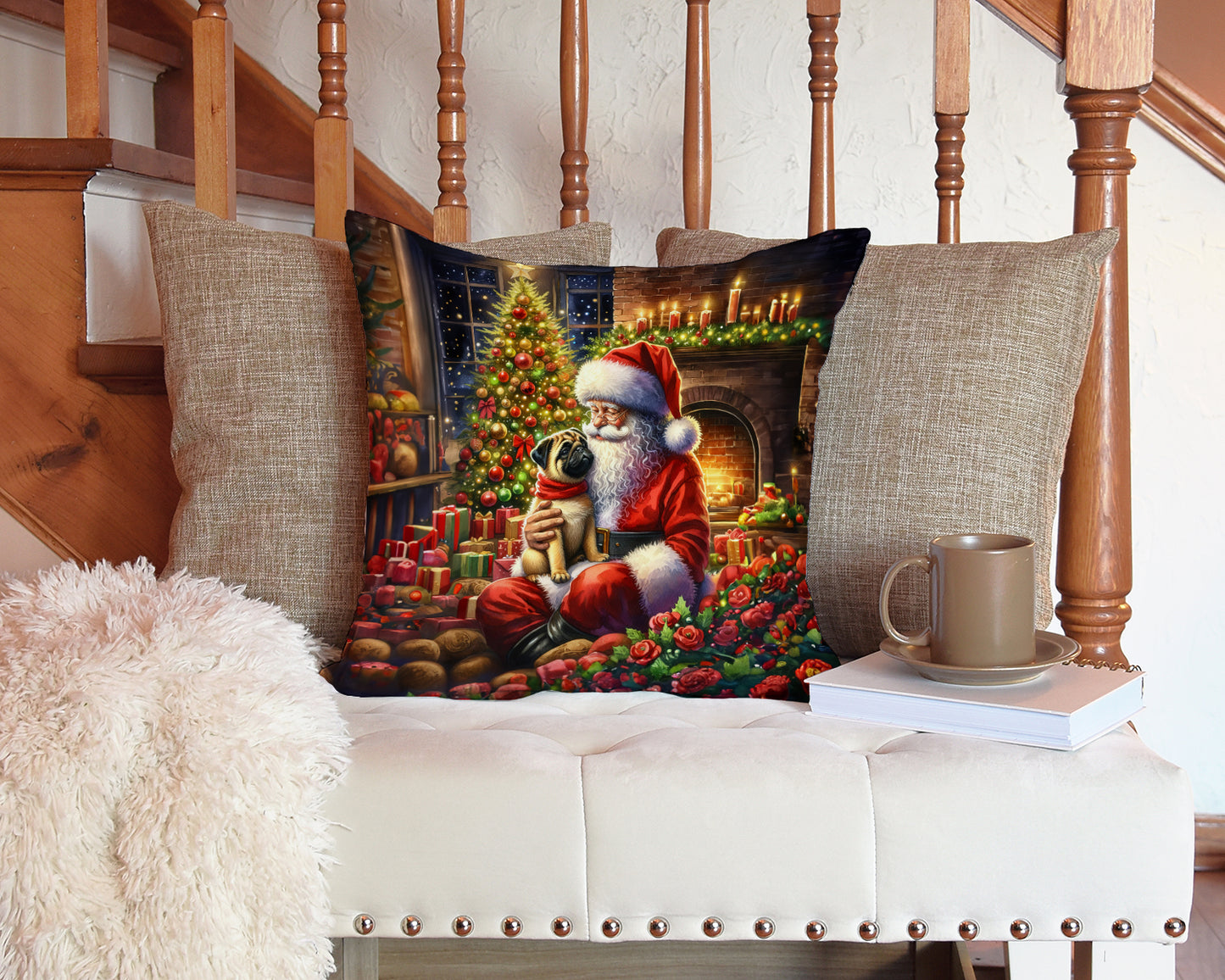 Fawn Pug and Santa Claus Throw Pillow