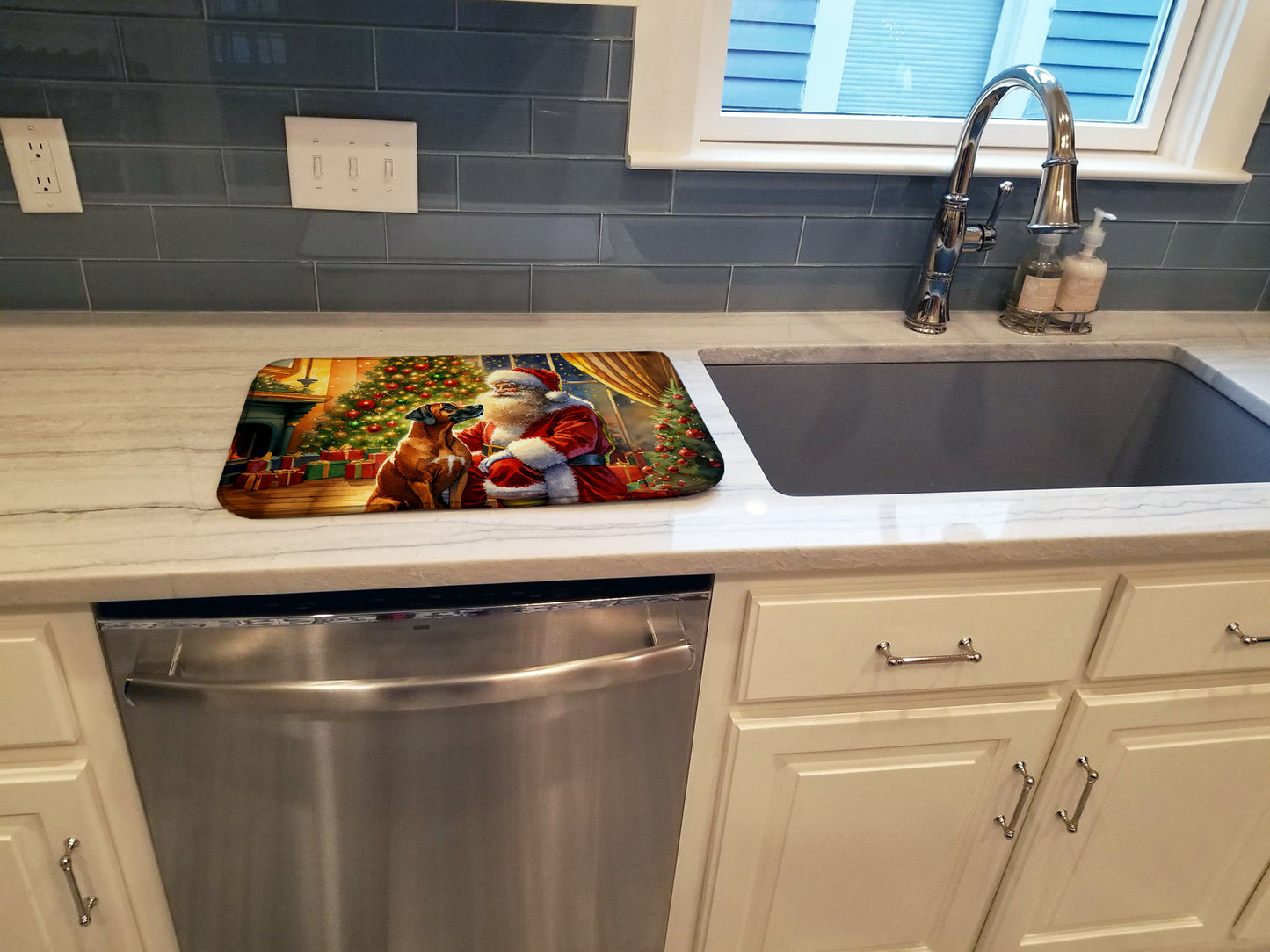 Rhodesian Ridgeback and Santa Claus Dish Drying Mat