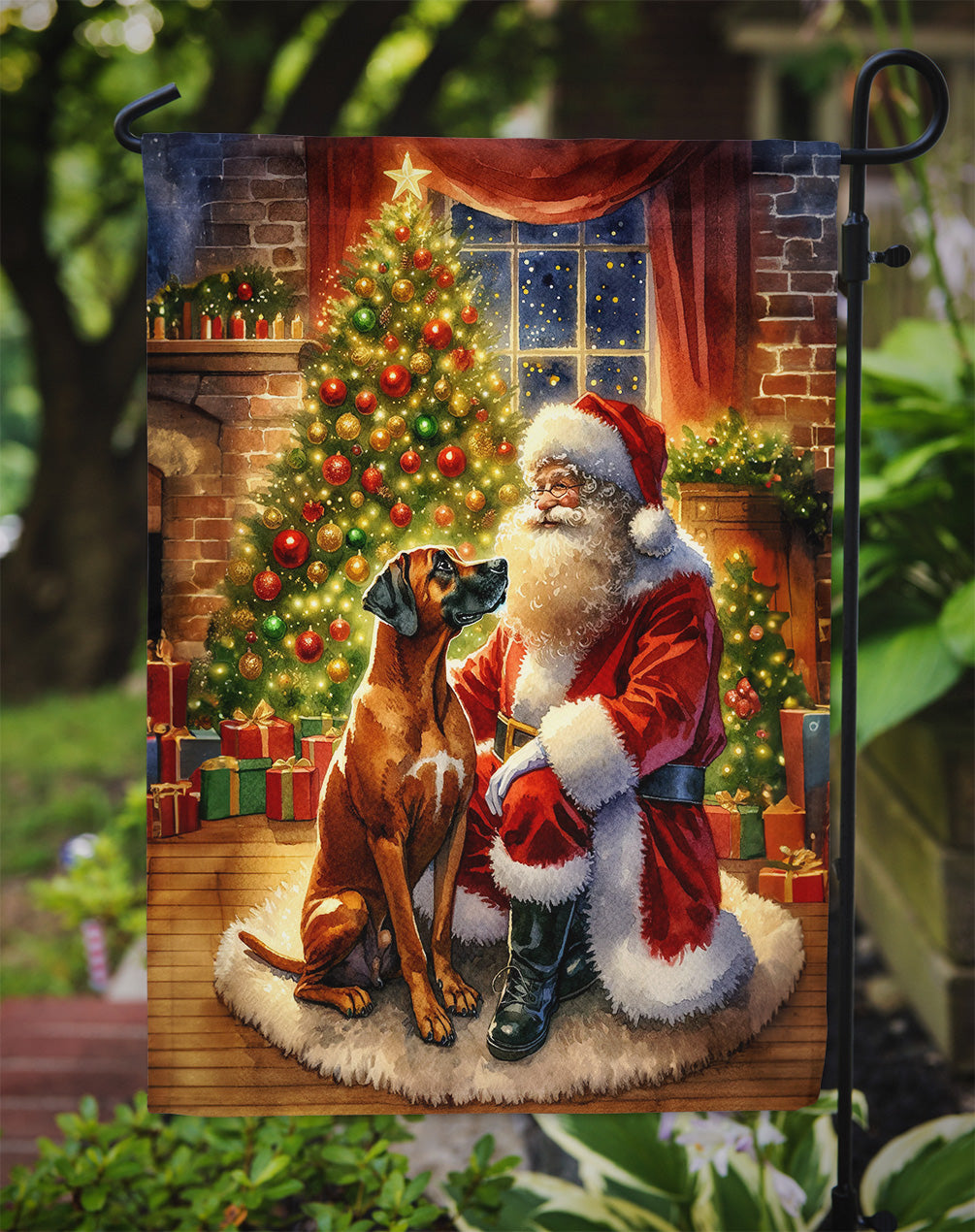 Rhodesian Ridgeback and Santa Claus Garden Flag