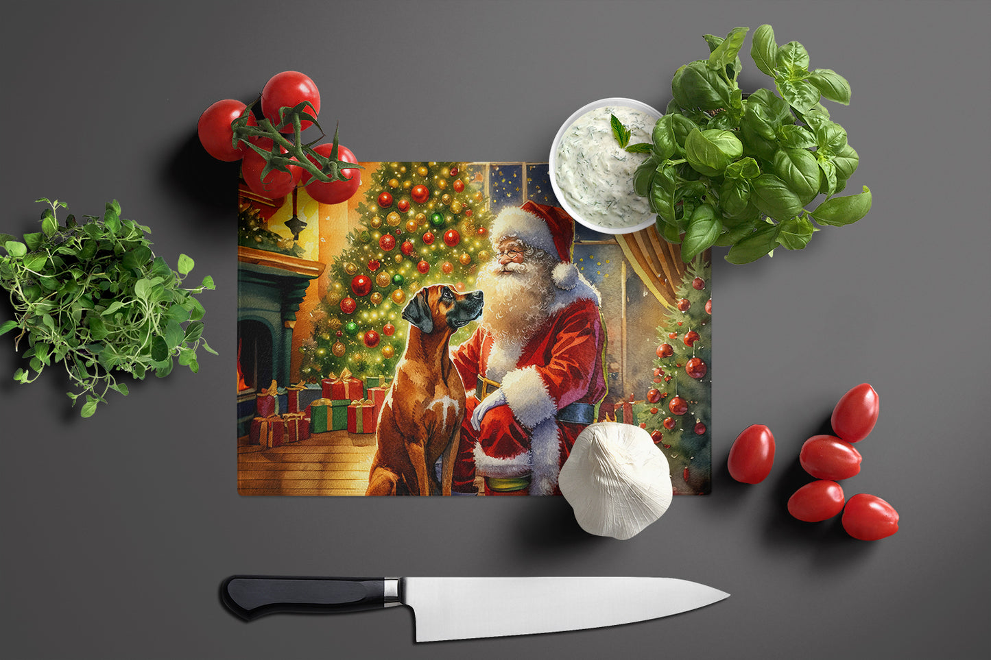 Rhodesian Ridgeback and Santa Claus Glass Cutting Board