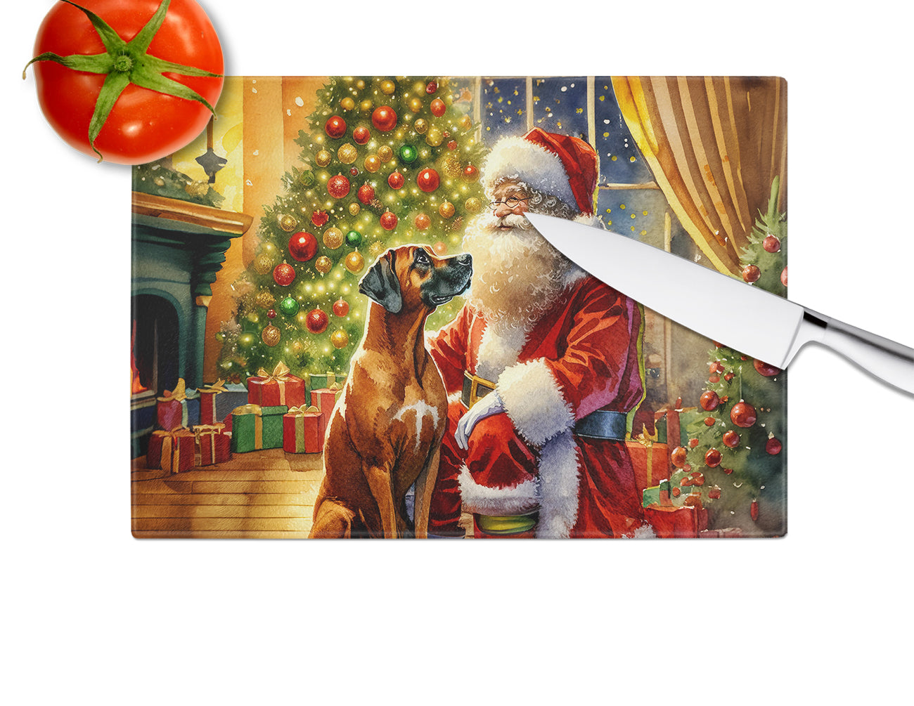 Rhodesian Ridgeback and Santa Claus Glass Cutting Board