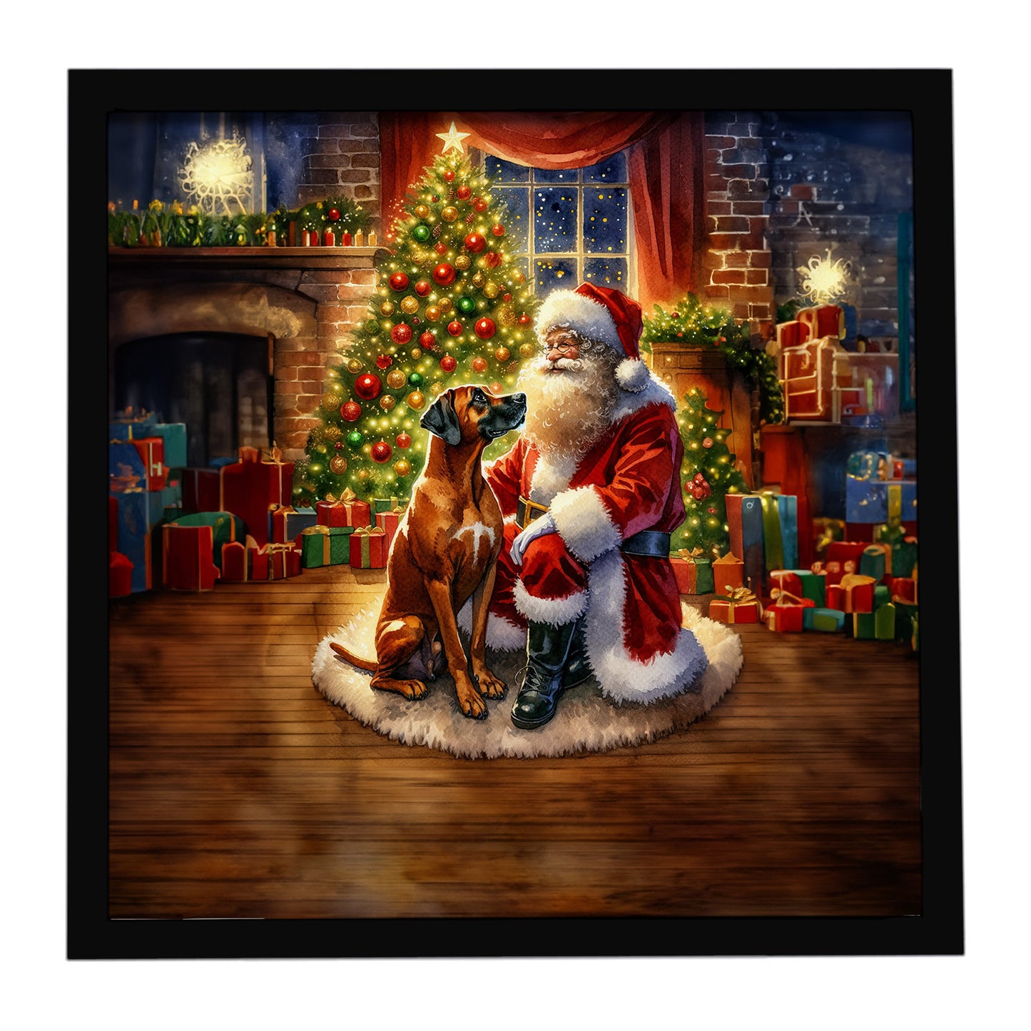 Buy this Rhodesian Ridgeback and Santa Claus Framed Metal Print