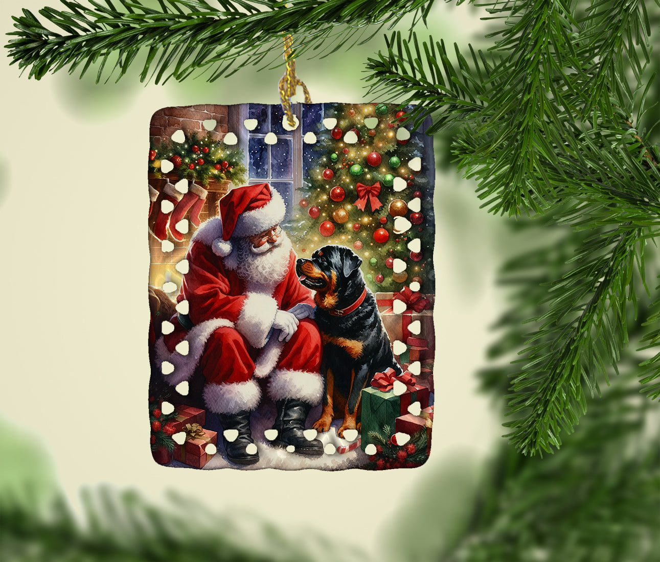 Rottweiler and Santa Claus Porcelain Ornament