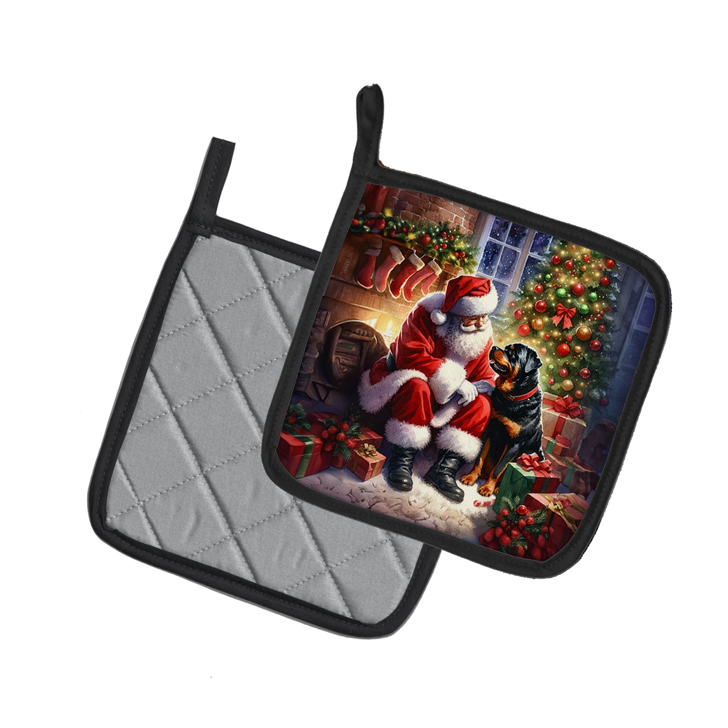 Rottweiler and Santa Claus Pair of Pot Holders