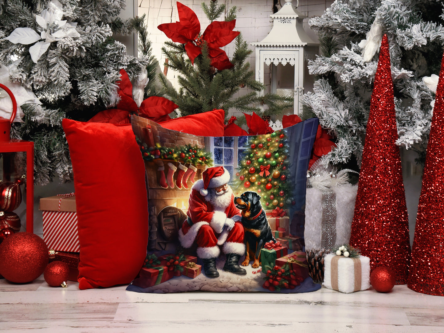 Rottweiler and Santa Claus Throw Pillow