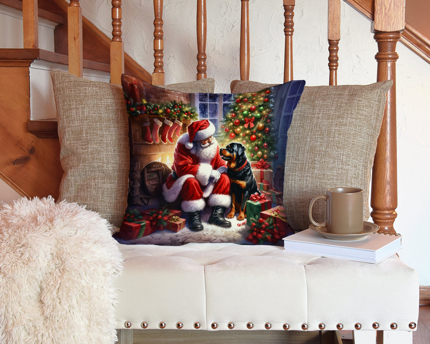 Rottweiler and Santa Claus Throw Pillow