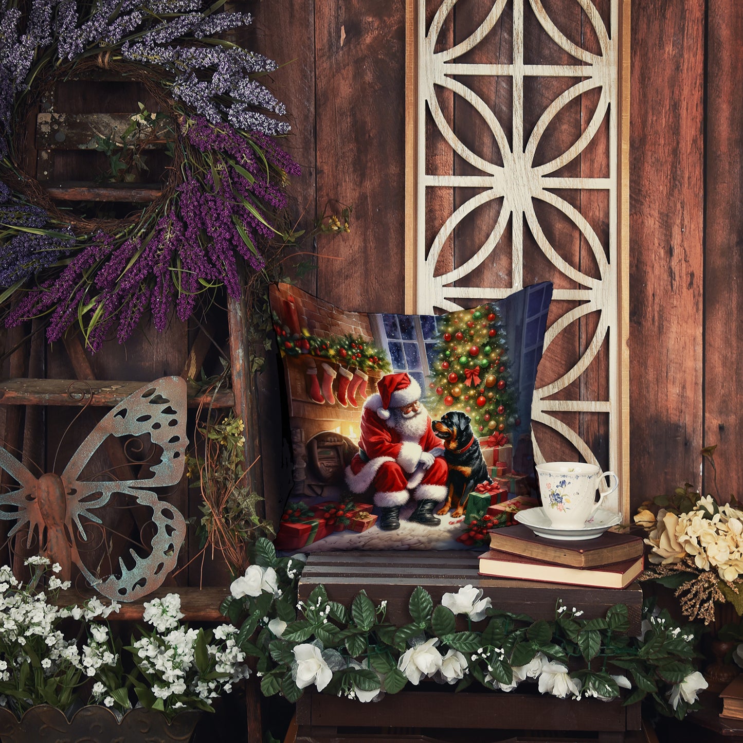 Rottweiler and Santa Claus Throw Pillow