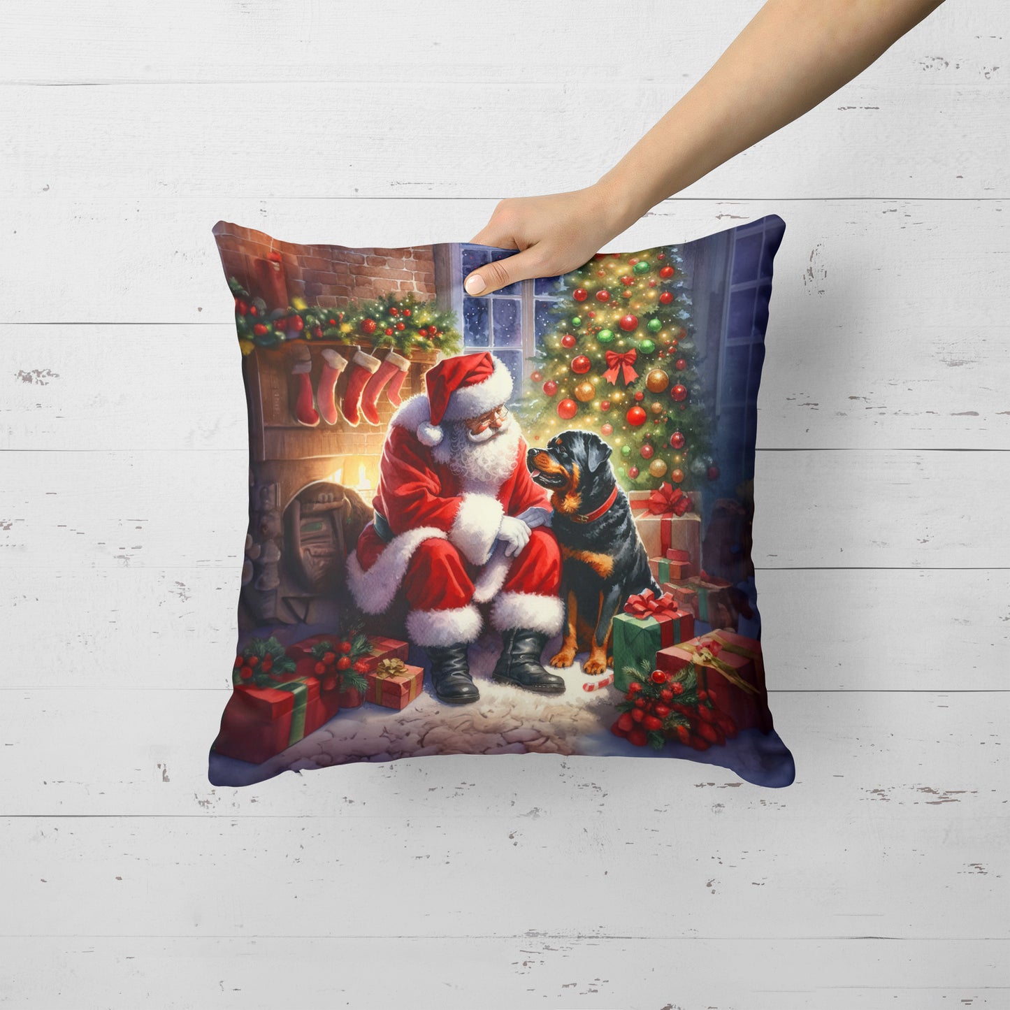 Rottweiler and Santa Claus Throw Pillow