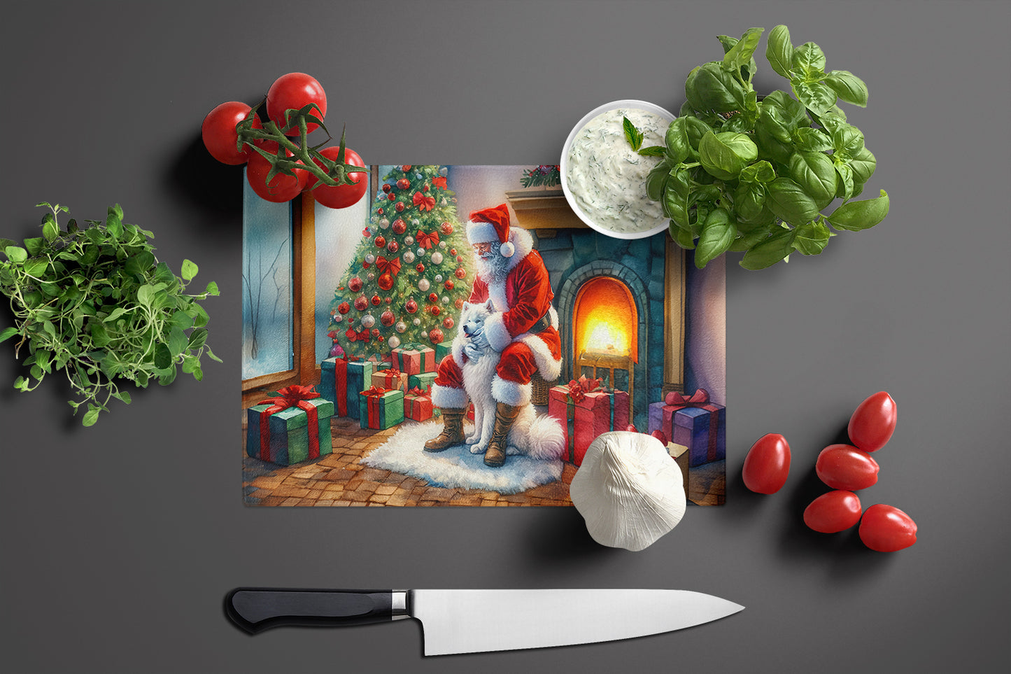 Samoyed and Santa Claus Glass Cutting Board