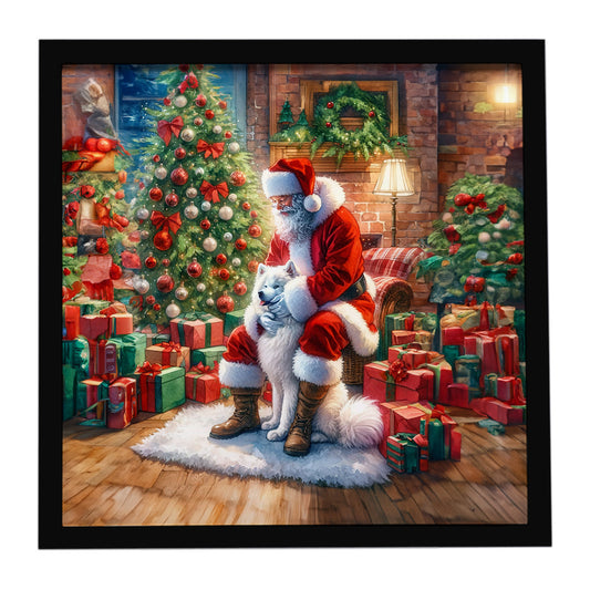 Buy this Samoyed and Santa Claus Framed Metal Print
