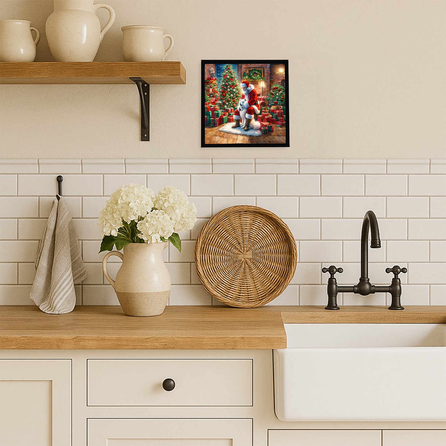 Samoyed and Santa Claus Framed Metal Print