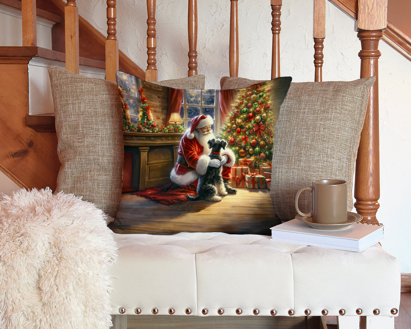 Schnauzer and Santa Claus Throw Pillow