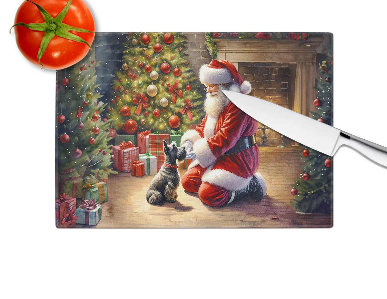 Scottish Terrier and Santa Claus Glass Cutting Board