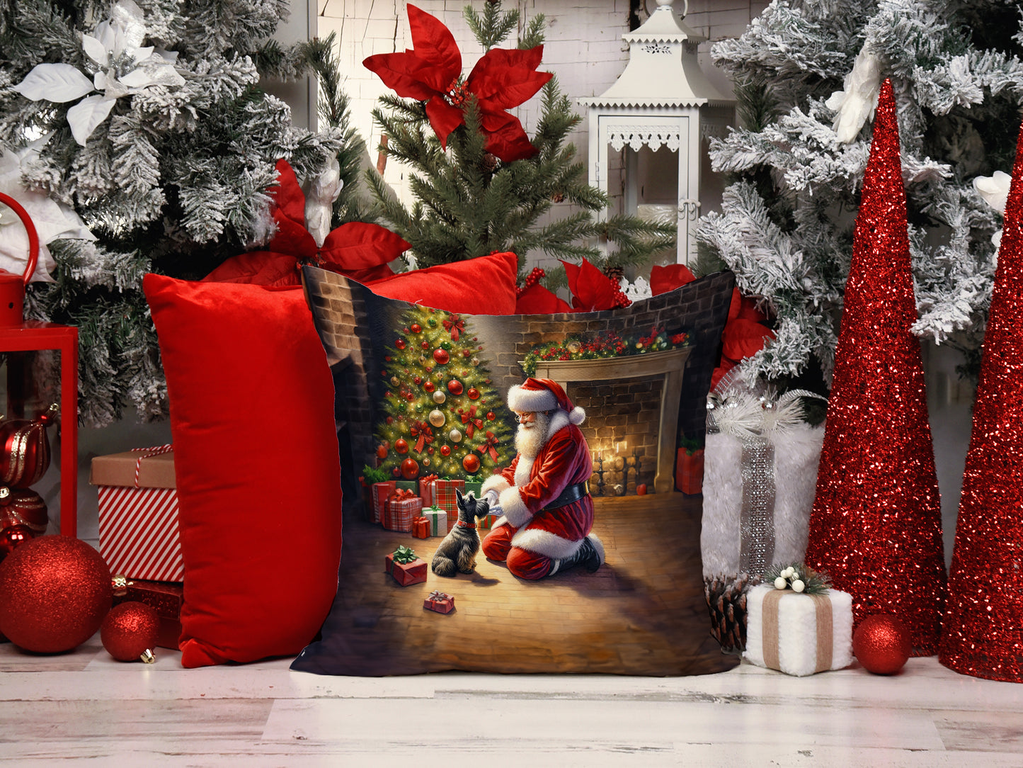 Scottish Terrier and Santa Claus Throw Pillow