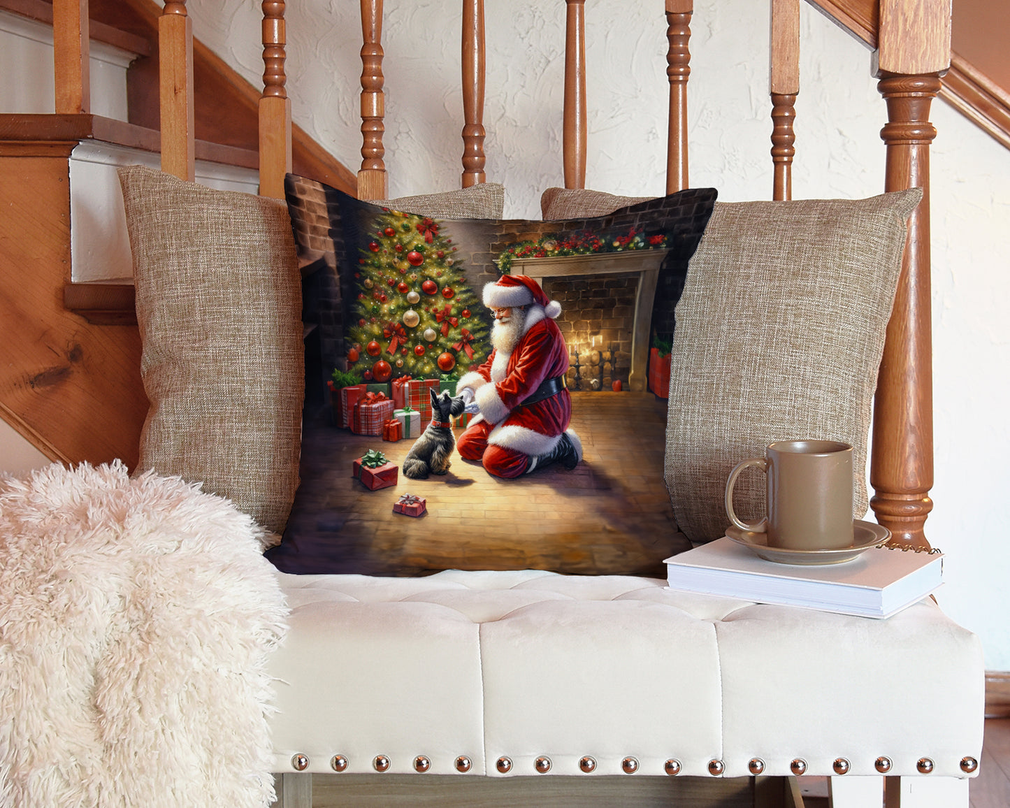 Scottish Terrier and Santa Claus Throw Pillow