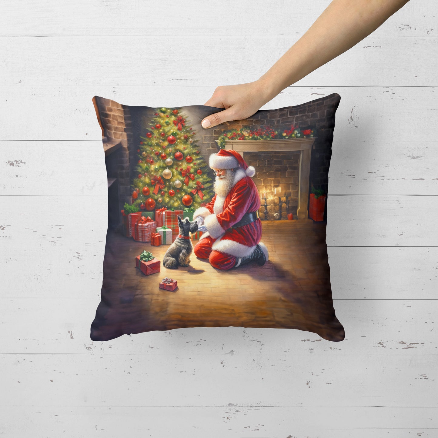 Scottish Terrier and Santa Claus Throw Pillow