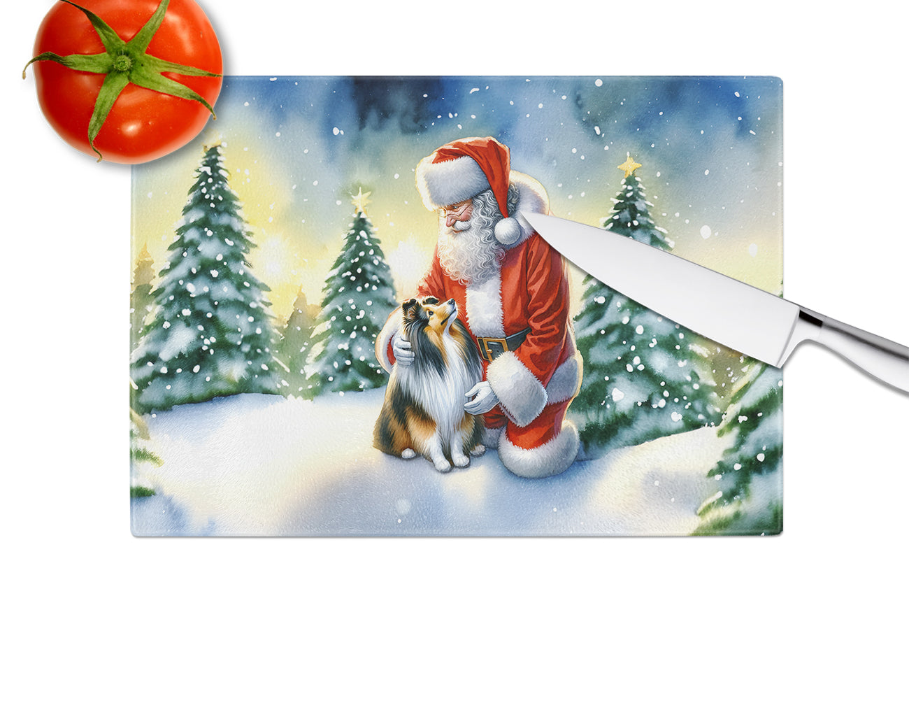 Sheltie and Santa Claus Glass Cutting Board